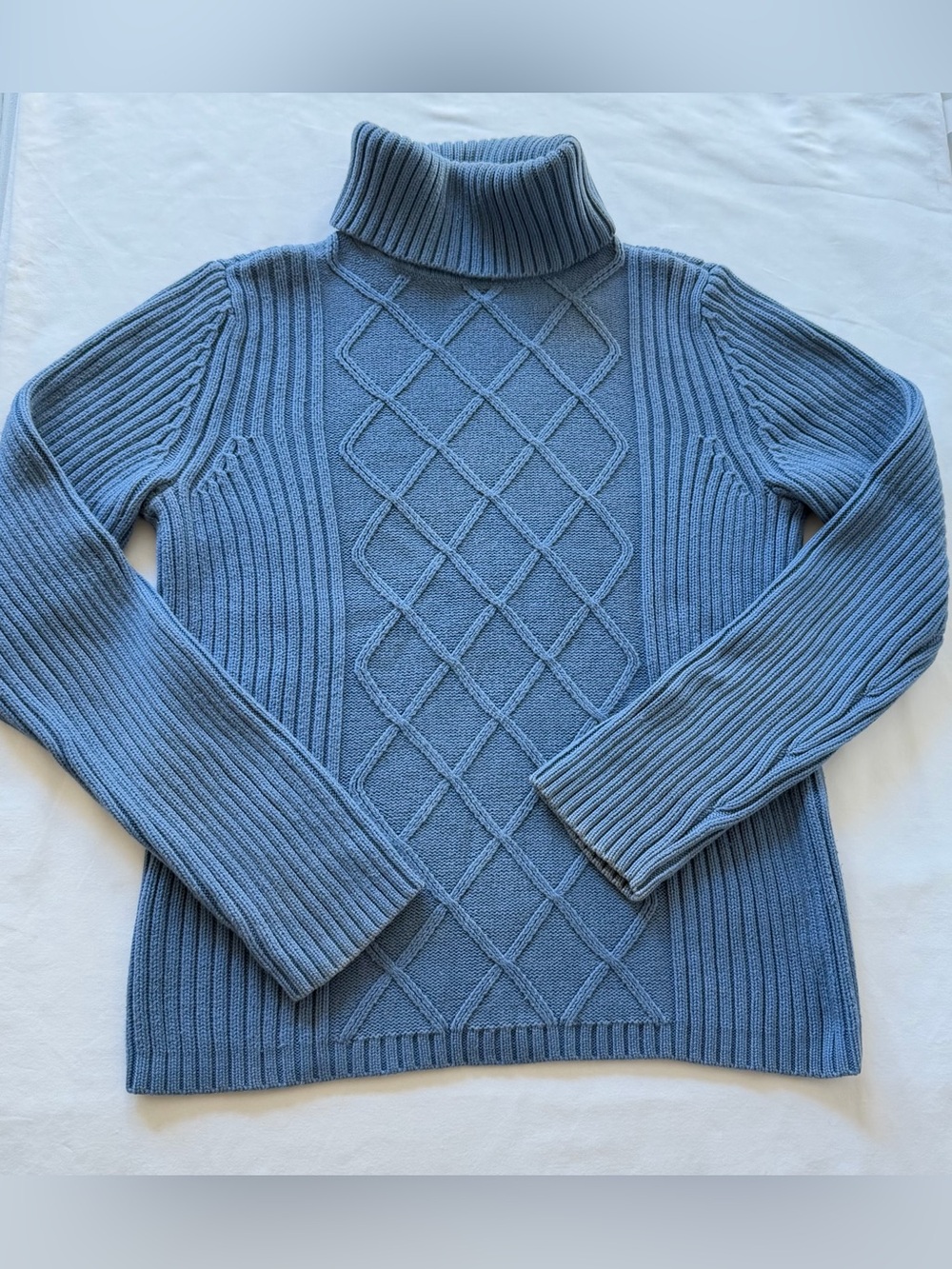 Vintage Petite Sophisticate Blue Turtleneck Sweater with Diamond Cable Knit